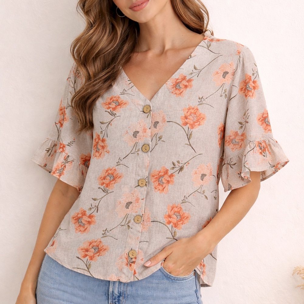 Floral Button-Down Ruffle Sleeves Blouse